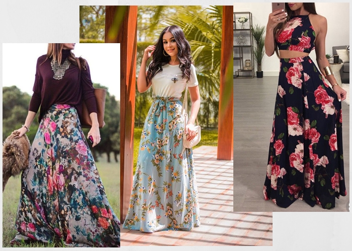 Saia longa florida combina com shop que blusa